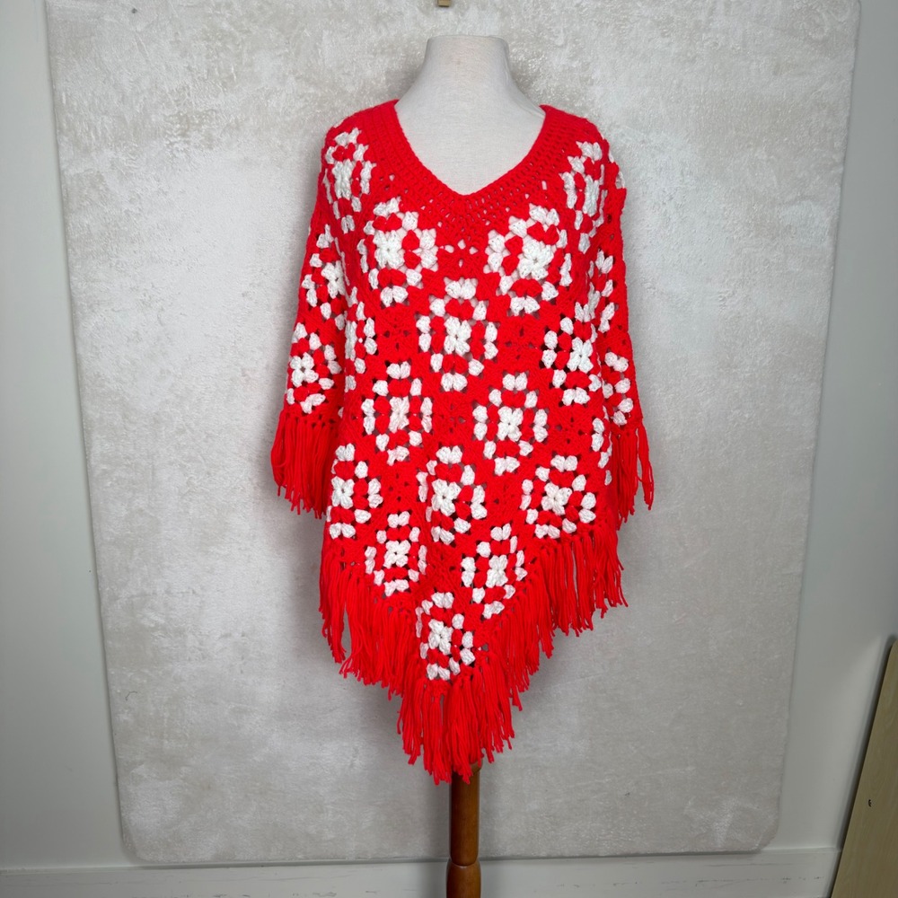 Handmade Crochet Granny Square Poncho Fringe V-Neck Wrap 70s Boho Western